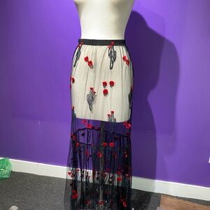 For Love And Lemons sheer cactus  Black and Red Embroidered Maxi Skirt
